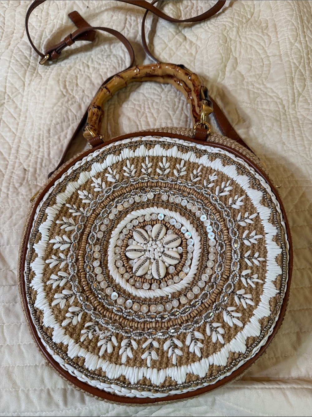 Boho Round Straw Crossbody Bag with White Embroidery Chico’s.